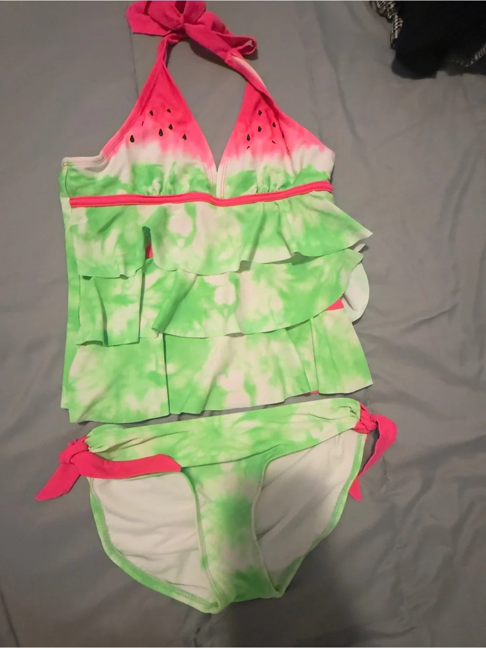 Justice Pink and Lime Swimsuit Top with Ruffle Trim